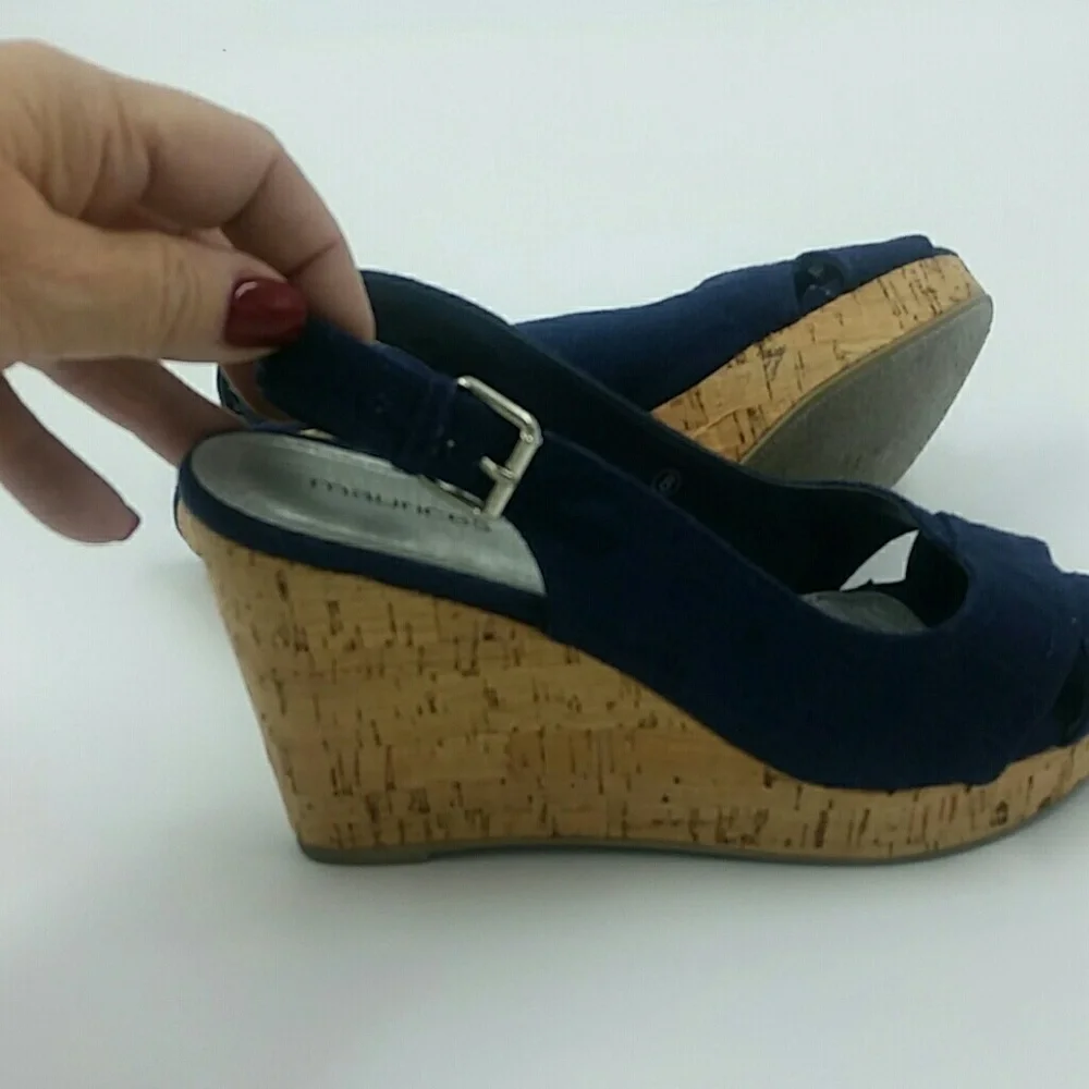 MAURICES l Navy Canvas Cork Peep Toe Wedge